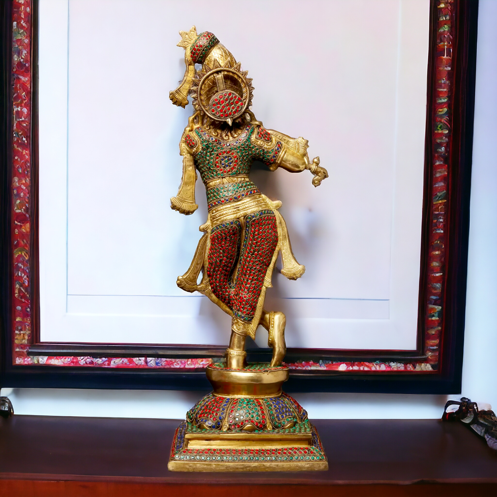 Brass Krishna Murli Madhav Playing Flute with Stone Work idol - 24 inches