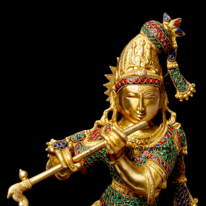 Brass Krishna Murli Madhav Playing Flute with Stone Work idol - 24 inches