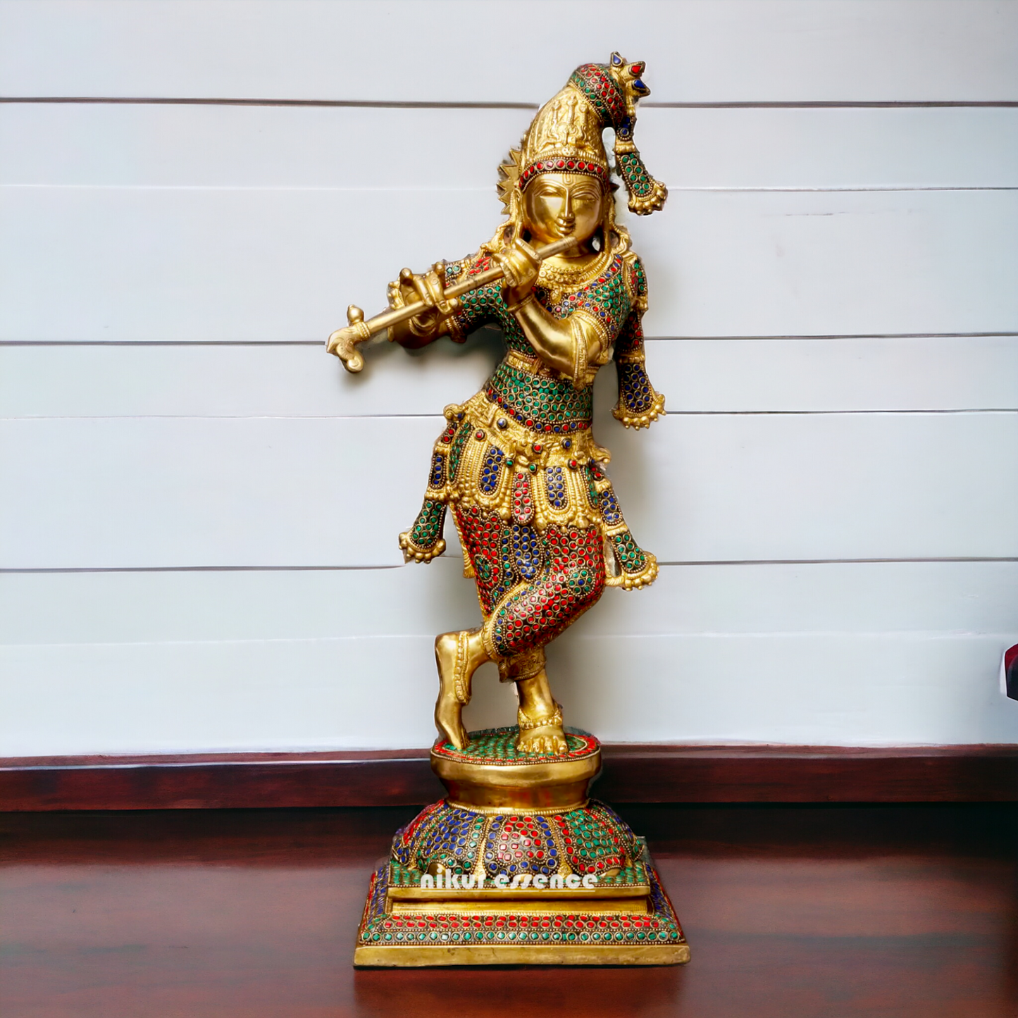 Brass Krishna Murli Madhav Playing Flute with Stone Work idol - 24 inches