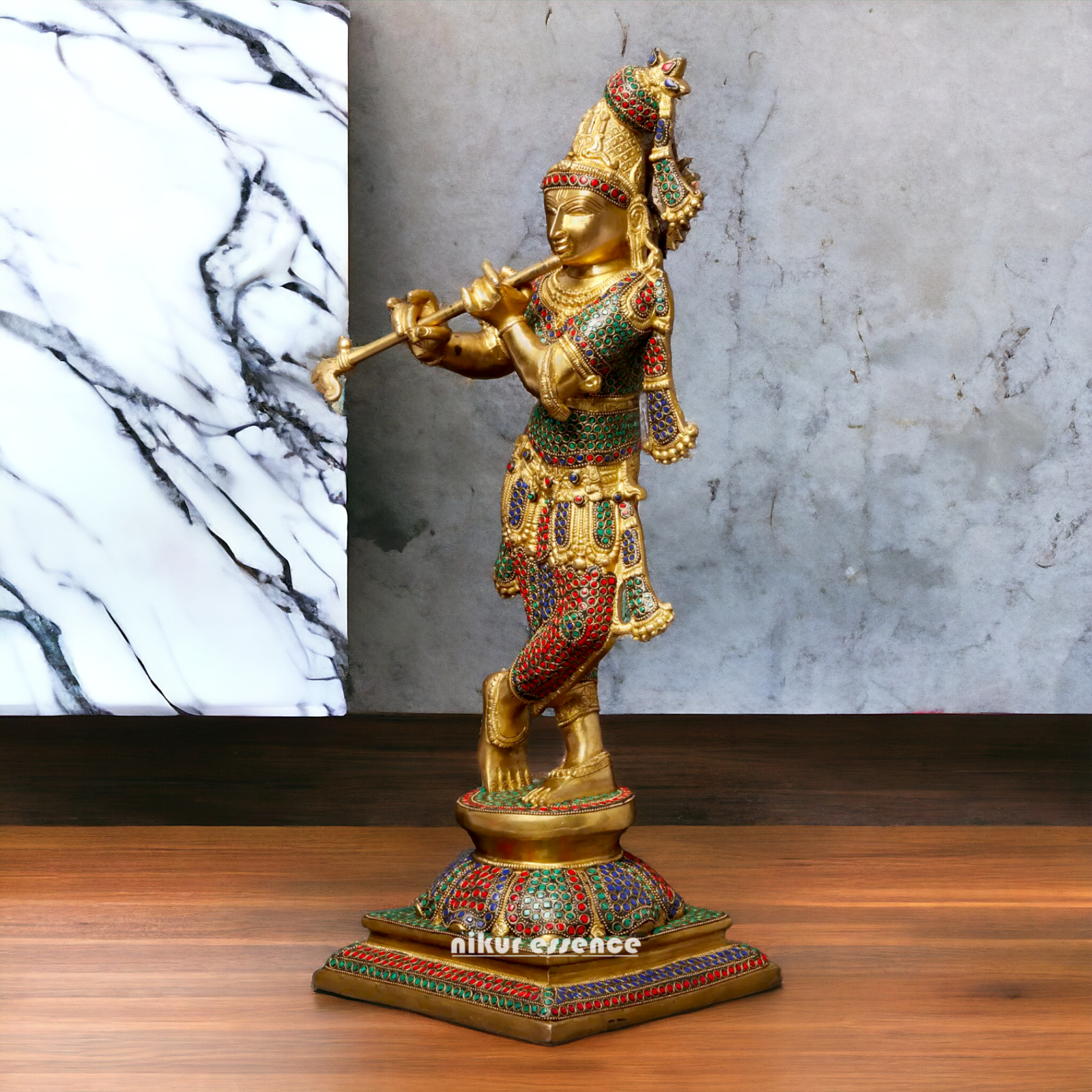 Brass Krishna Murli Madhav Playing Flute with Stone Work idol - 24 inches