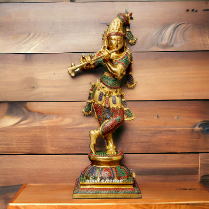 Brass Krishna Murli Madhav Playing Flute with Stone Work idol - 24 inches