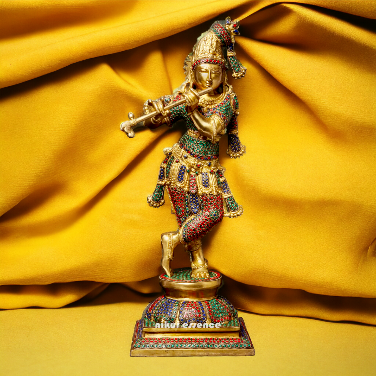 Brass Krishna Murli Madhav Playing Flute with Stone Work idol - 24 inches