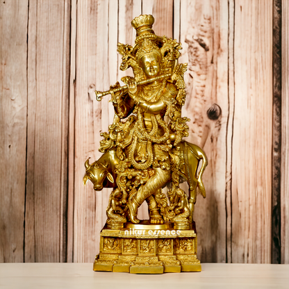 Large Krishna Gopala with cow Pure Brass idol - 28 Inches