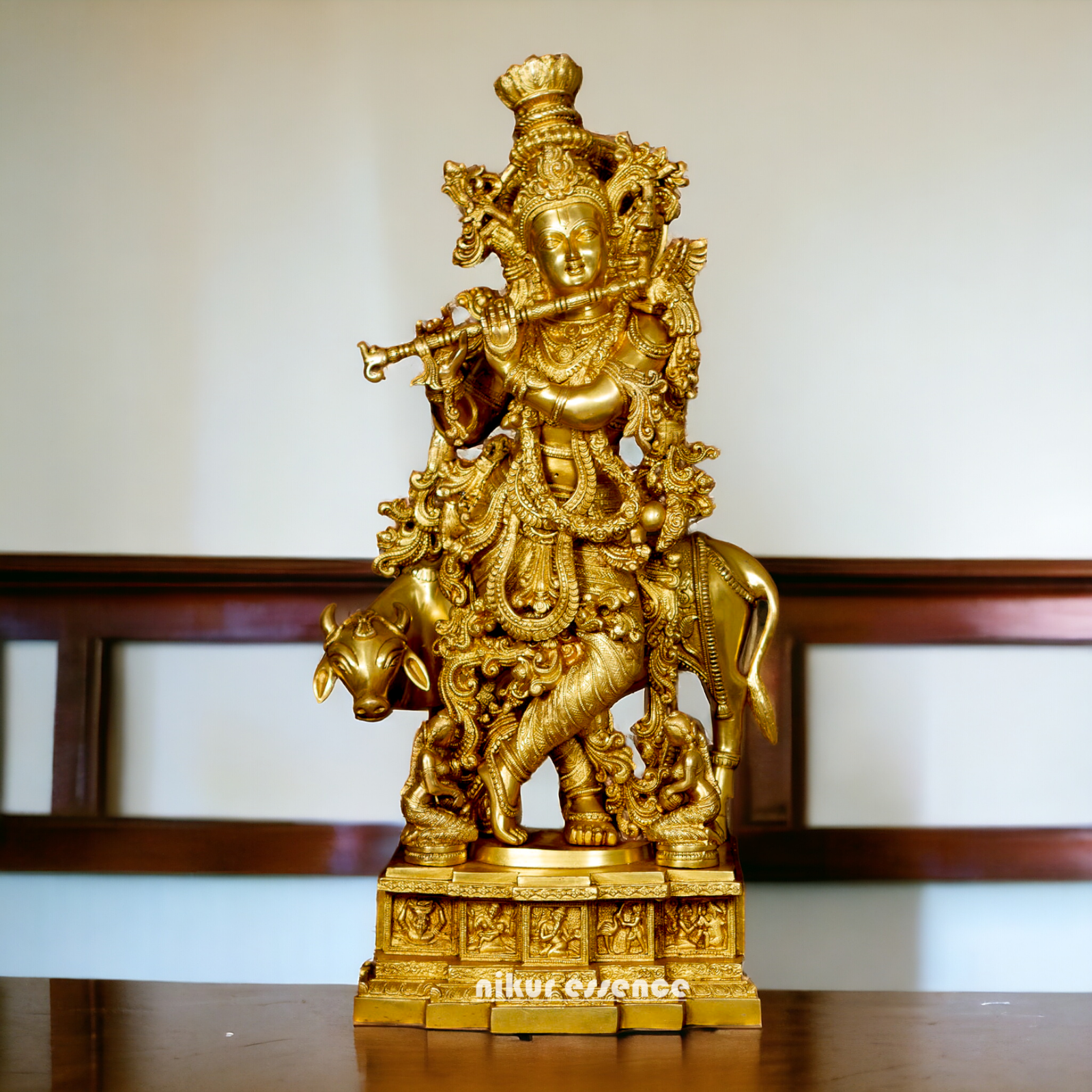 Large Krishna Gopala with cow Pure Brass idol - 28 Inches