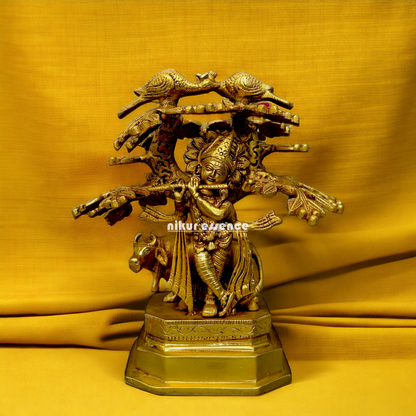 Antique Brass Krishna with tree idol - 9 Inches