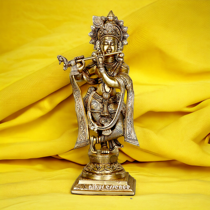 Lord Krishna Govind Standing Playing Flute Solid Braas statue - 13.5 Inches