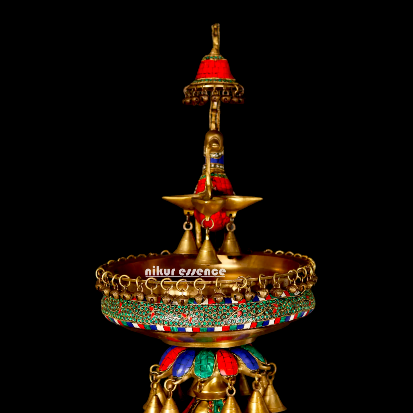 Large Peacock Urli with Bells Stone Work - 41 Inches