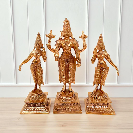 Vishnu with Sri Devi and Bhu Devi standing Panchaloha idol - 6.5 inches Nikuressence