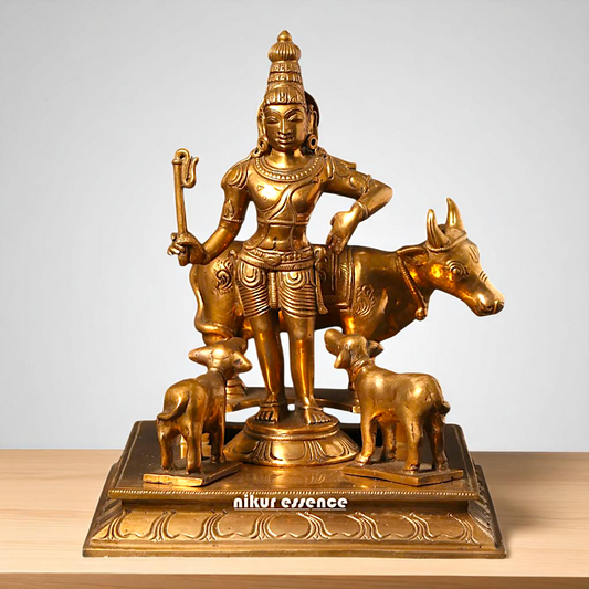Shree Krishna with Cow and calf standing Bronze/Panchaloha idol - 8 Inches Nikuressence