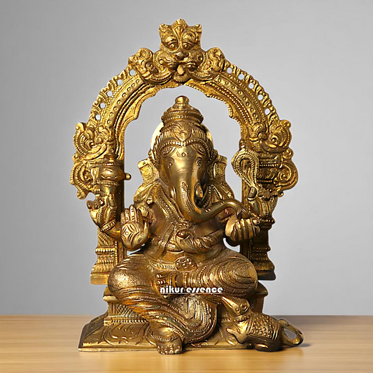 Lord Ganesha Vinayaka Seated on throne kirtimukha with Blessing Bronze/Panchaloha idol - 7 Inches Nikuressence