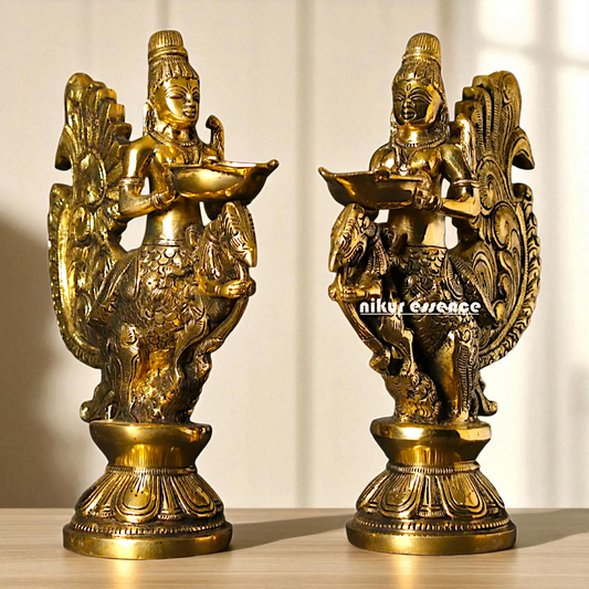 Gandharvas Pair Diya oil lamp Standing Bronze/Panchaloha idol - 10 Inches Nikuressence