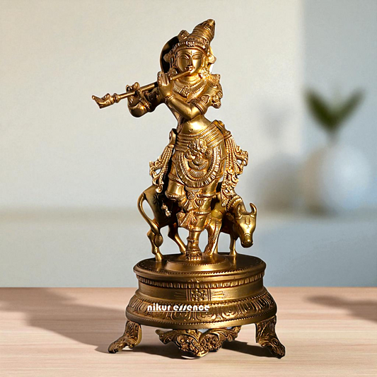 Lord Venugopal Krishna with Cow Standing Playing Flute Bronze/Panchaloha idol - 11 Inches Nikuressence