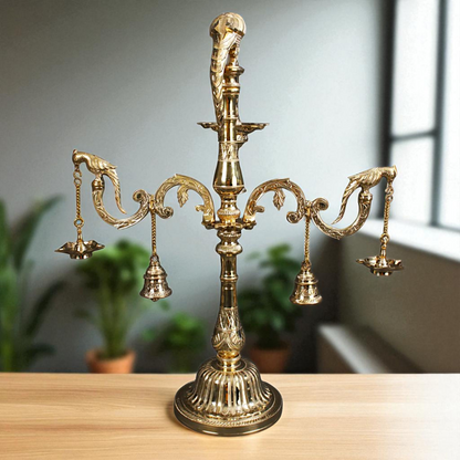 Parrot Diya lamps with Bells Bronze/Panchaloha - 30 Inches Nikuressence