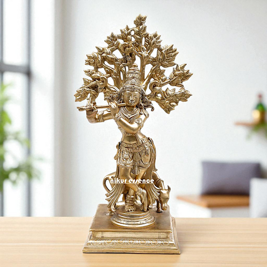 Shree Krishna Standing with Tree and cow Playing Flute Bronze/Panchaloha idol - 14 inches Nikuressence
