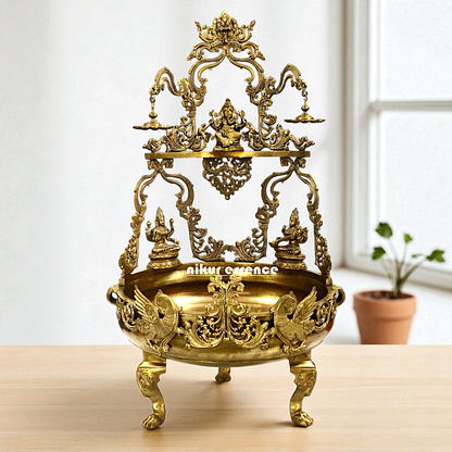 Ganesha with Lakshmi Maa Saraswati Maa Bronze Panchaloha Urli with Diya oil lamps - 46 Inches Nikuressence