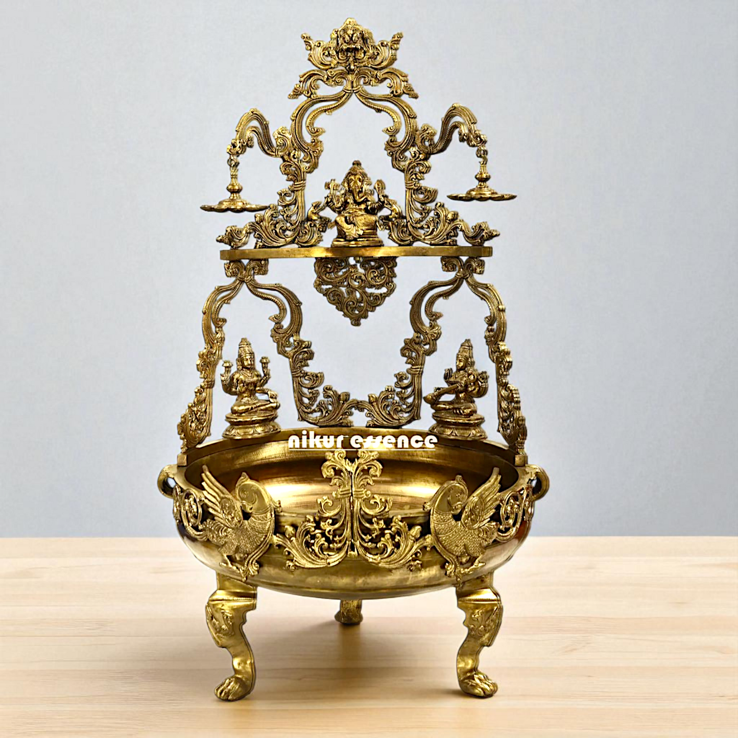 Ganesha with Lakshmi Maa Saraswati Maa Bronze Panchaloha Urli with Diya oil lamps - 46 Inches Nikuressence