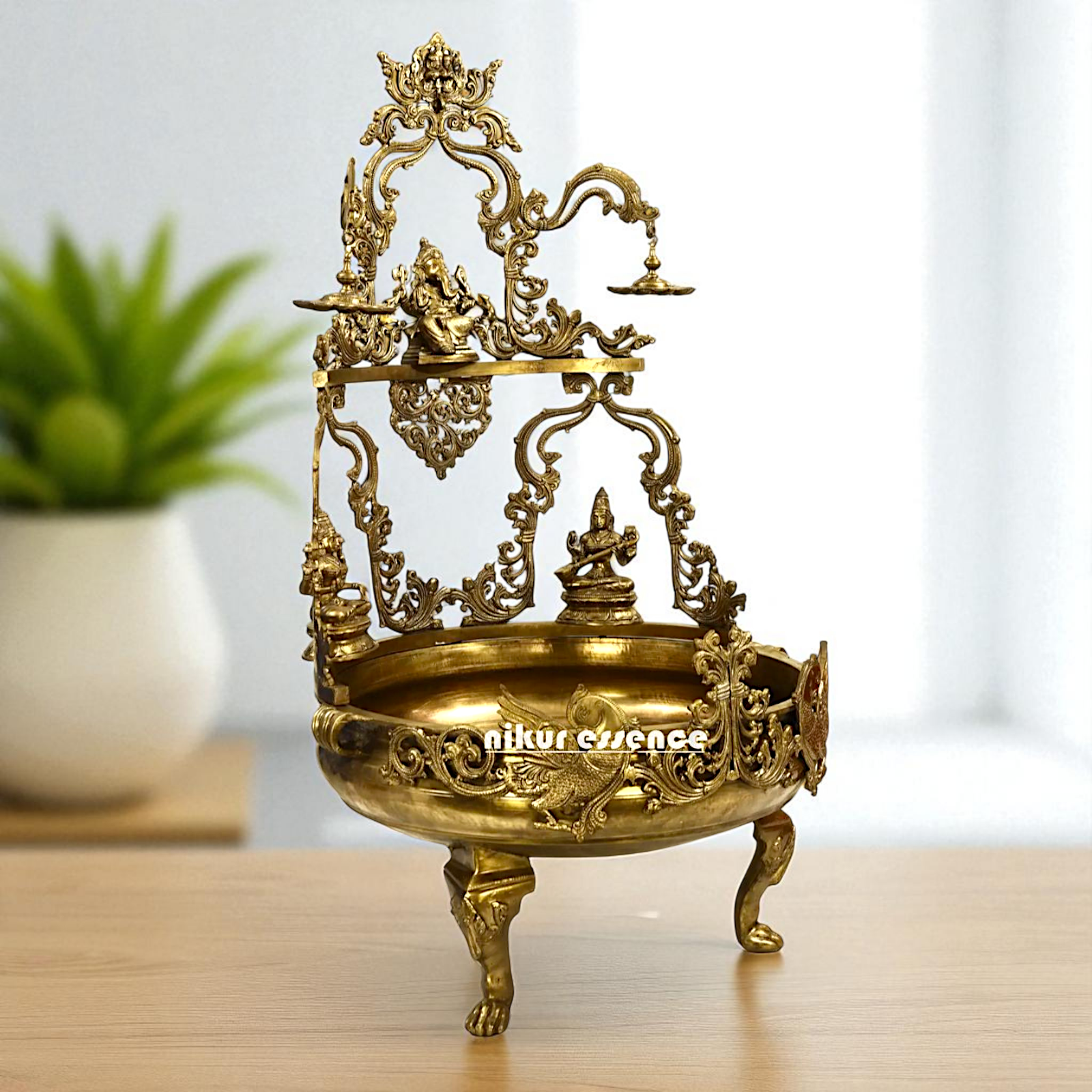 Ganesha with Lakshmi Maa Saraswati Maa Bronze Panchaloha Urli with Diya oil lamps - 46 Inches Nikuressence