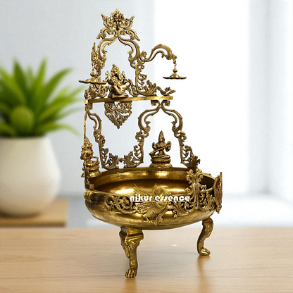 Ganesha with Lakshmi Maa Saraswati Maa Bronze Panchaloha Urli with Diya oil lamps - 46 Inches Nikuressence