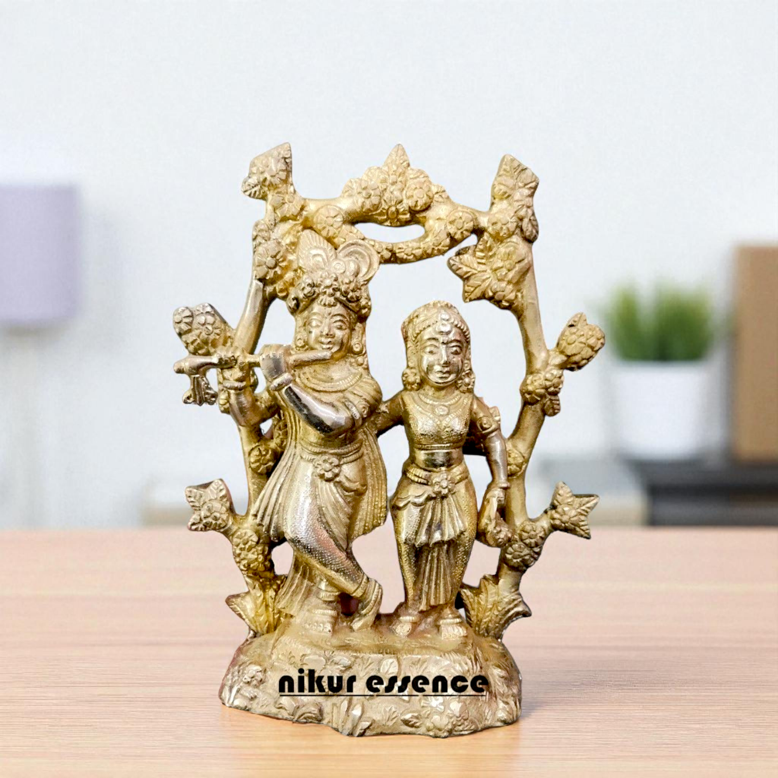 Radha Krishna Playing Flute with Tree Brass pital statue - 6.4 inches Nikuressence