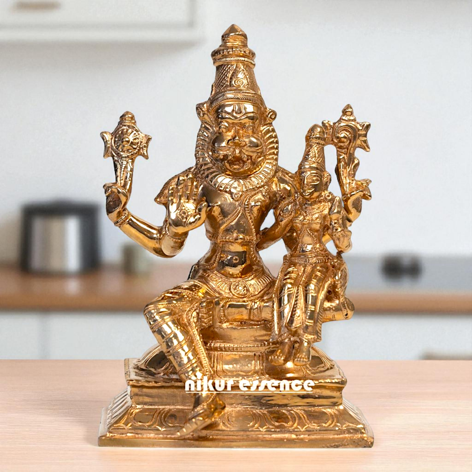 Panchaloha Narasimha Vishnu with Lakshmi Maa Seated Bronze statue - 3.1 Inches Nikuressence