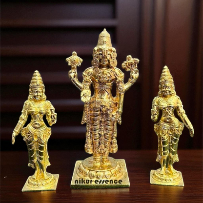 Srinivasa with Goddess Sridevi and Bhudevi Bronze/Panchaloha idol - 6.8 Inches Nikuressence