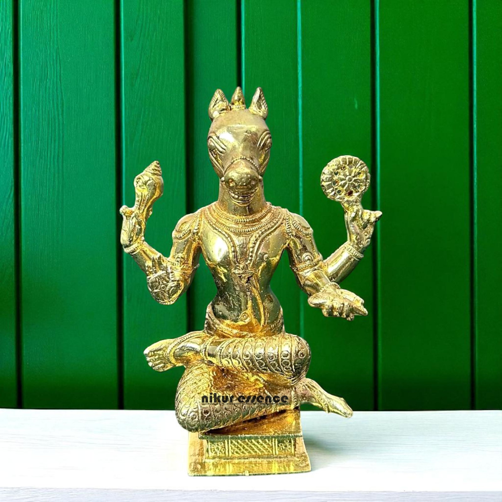 Hayagriva Vishnu Bhagwan Avtar seated on throne Bronze/Panchaloha idol - 6 Inches Nikuressence