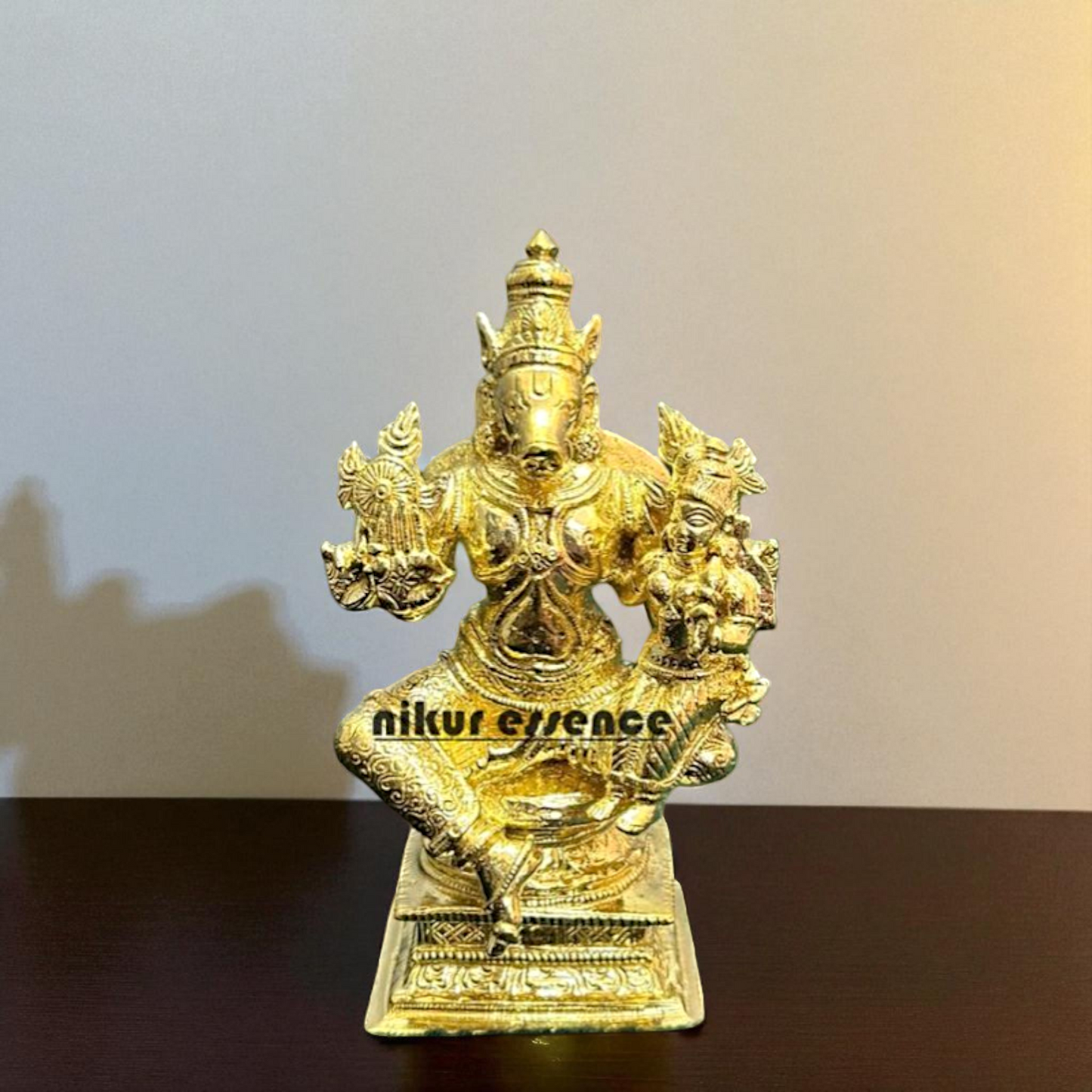 Vishnu varaha Bhagwan with Lakshmi seated Blessing Bronze/Panchaloha idol - 4.8 Inches Nikuressence