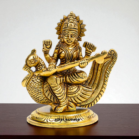 Goddess Saraswati Maa Seated on swan with Playing veena brass idol - 4 Inches Nikuressence