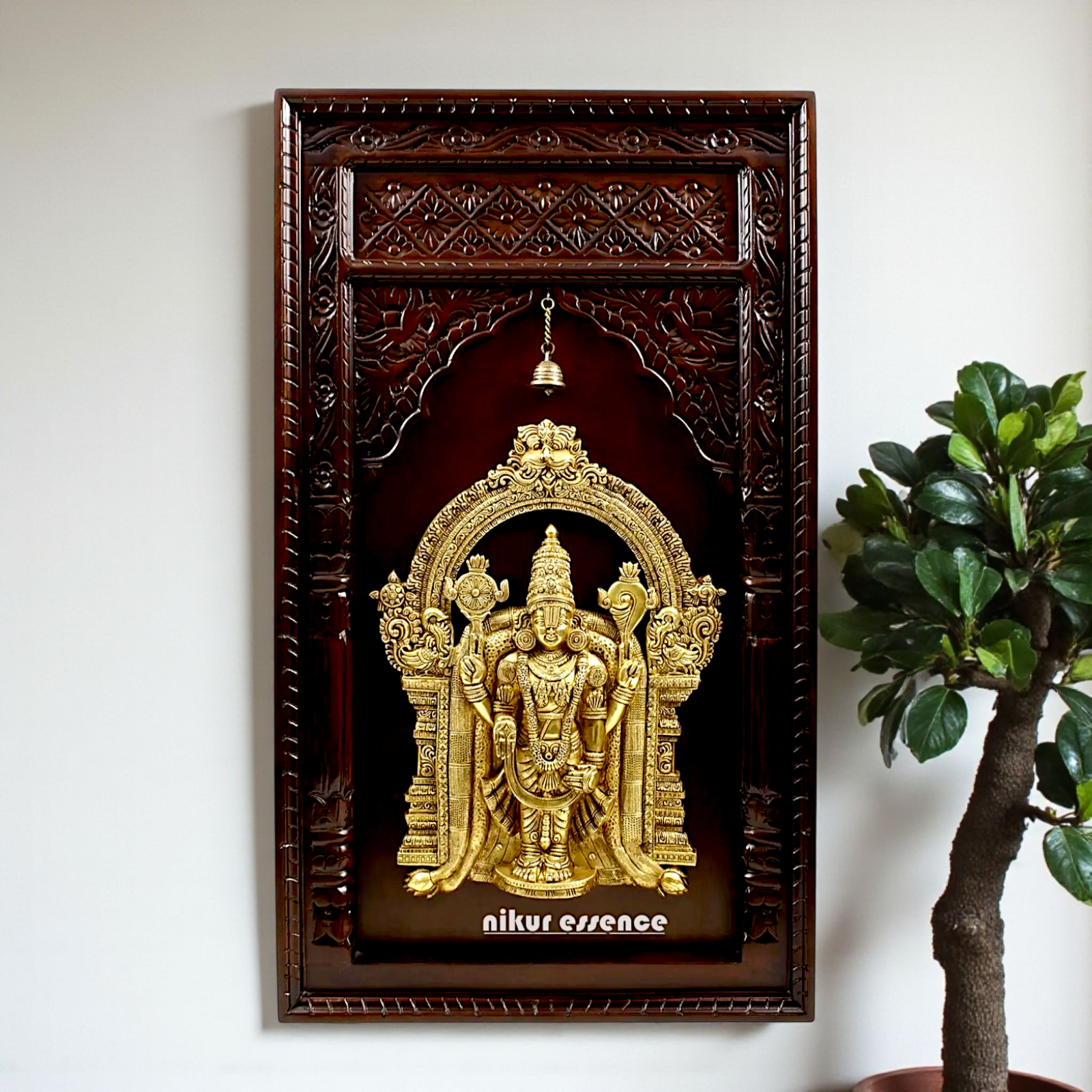 Nikur Essence Wooden Tirupati Balaji Brass Wall Hanging Sacred Temple Frame with Kirtimukha Throne - 47 inches Nikuressence