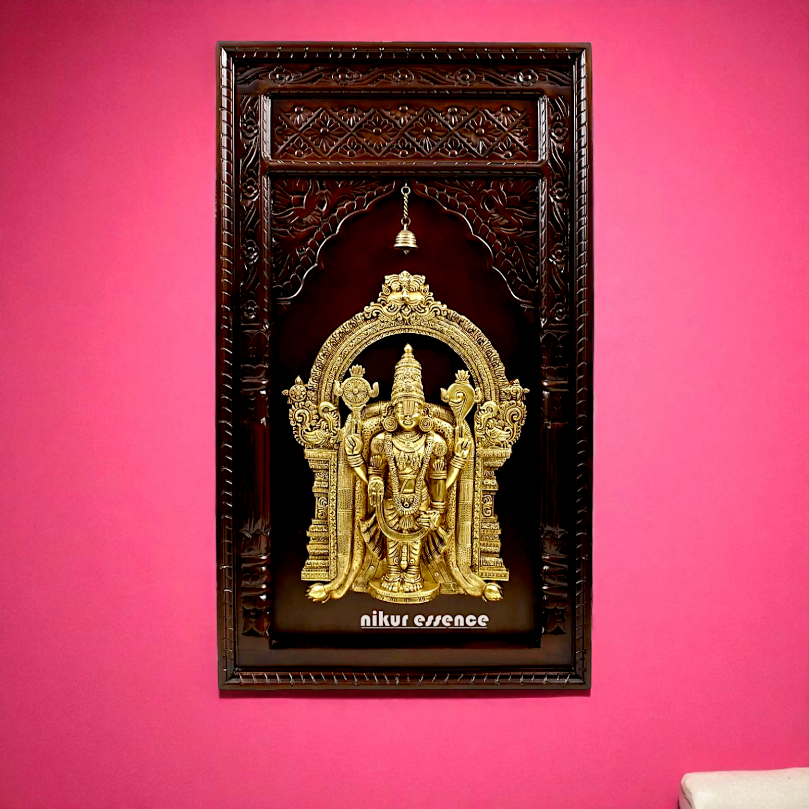 Nikur Essence Wooden Tirupati Balaji Brass Wall Hanging Sacred Temple Frame with Kirtimukha Throne - 47 inches Nikuressence