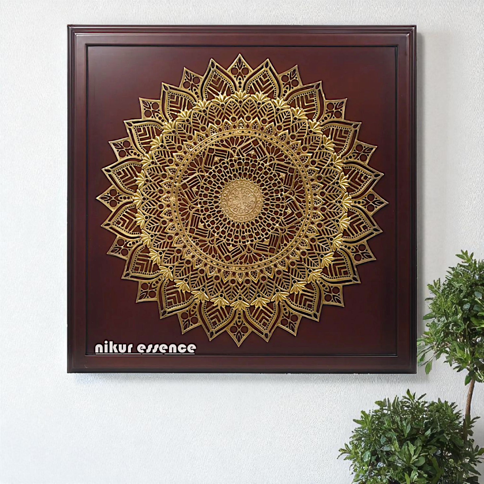 Nikur Essence Handcrafted Brass Mandala Wall Art on Wooden Frame Luxurious Wall Hanging Décor - 48 Inches Nikuressence