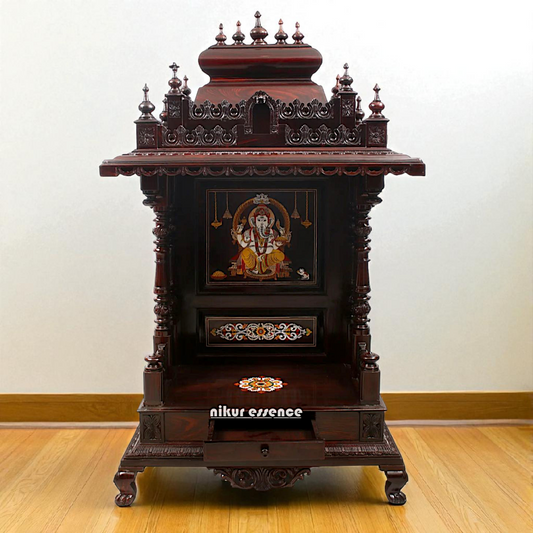 Nikur Essence Large Rosewood Puja Temple with Ganesha Inlay & South Indian Style Shikhara Nikuressence