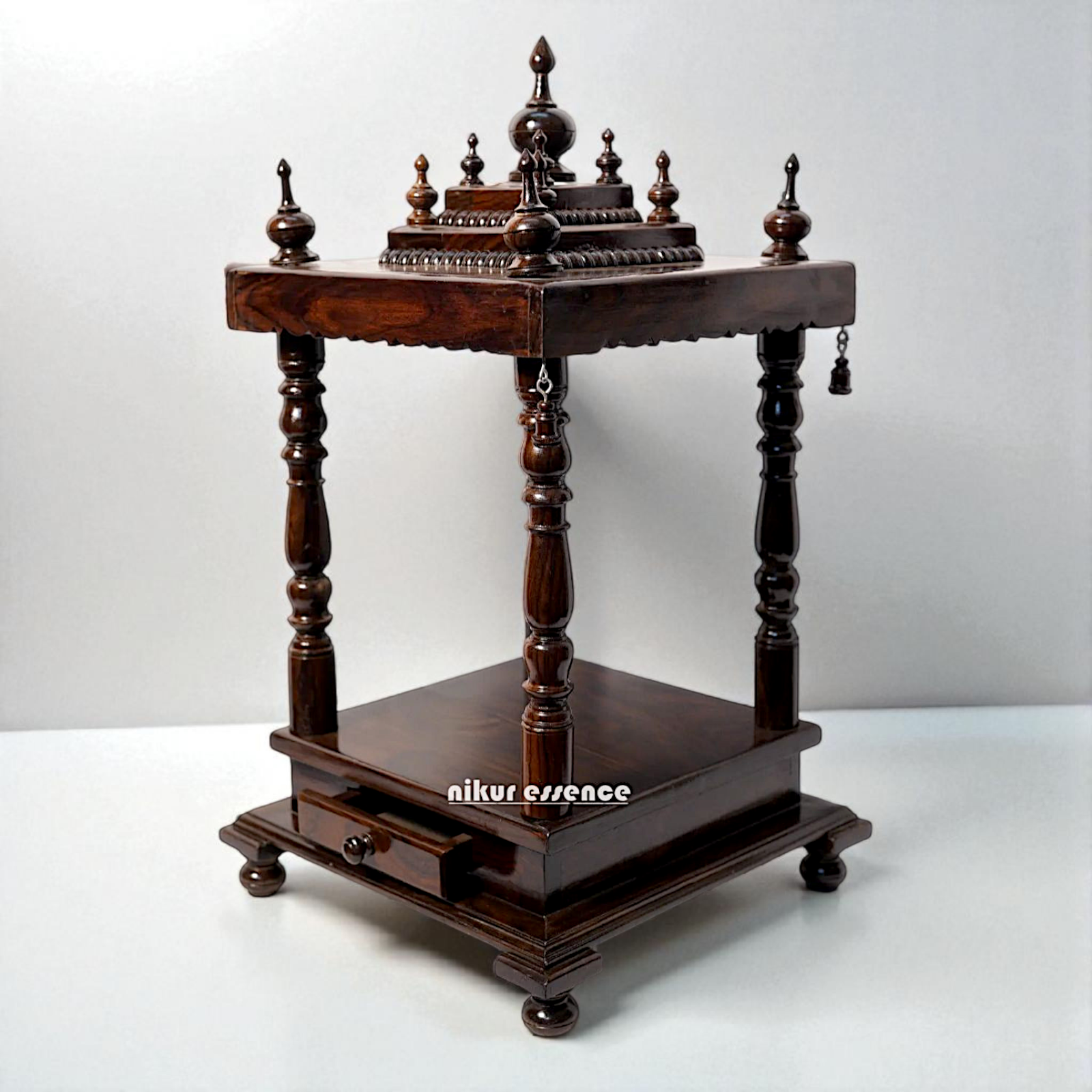 Nikur Essence Four-Sided Open Rosewood Temple with Storage Drawer Handcrafted Wooden Pooja Mandir for Home Decor Nikuressence