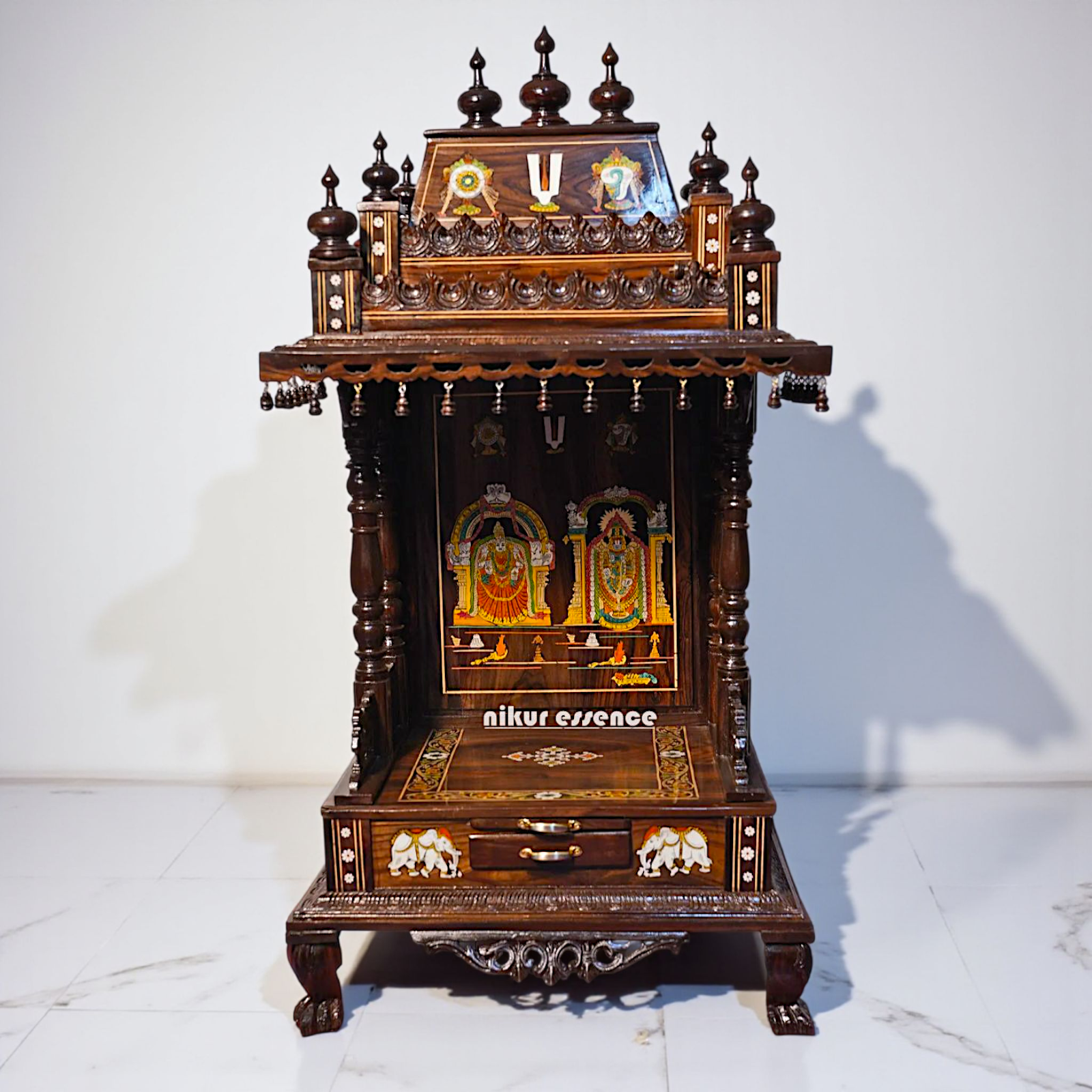 Premium Handcrafted Rosewood Temple with Drawer – Lord Venkateswara Carving Nikur Essence Nikuressence