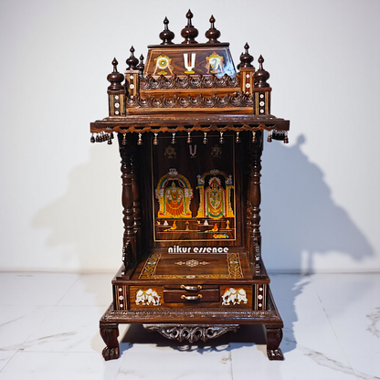 Premium Handcrafted Rosewood Temple with Drawer – Lord Venkateswara Carving Nikur Essence Nikuressence