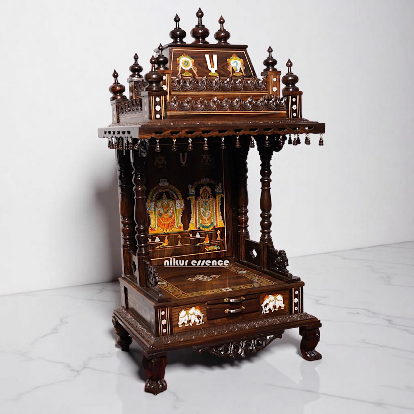 Premium Handcrafted Rosewood Temple with Drawer – Lord Venkateswara Carving Nikur Essence Nikuressence