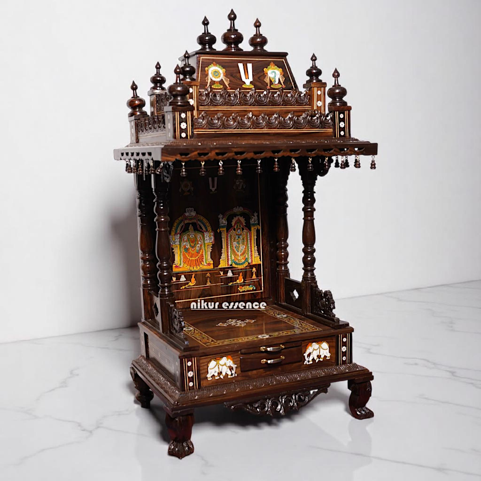Premium Handcrafted Rosewood Temple with Drawer – Lord Venkateswara Carving Nikur Essence Nikuressence