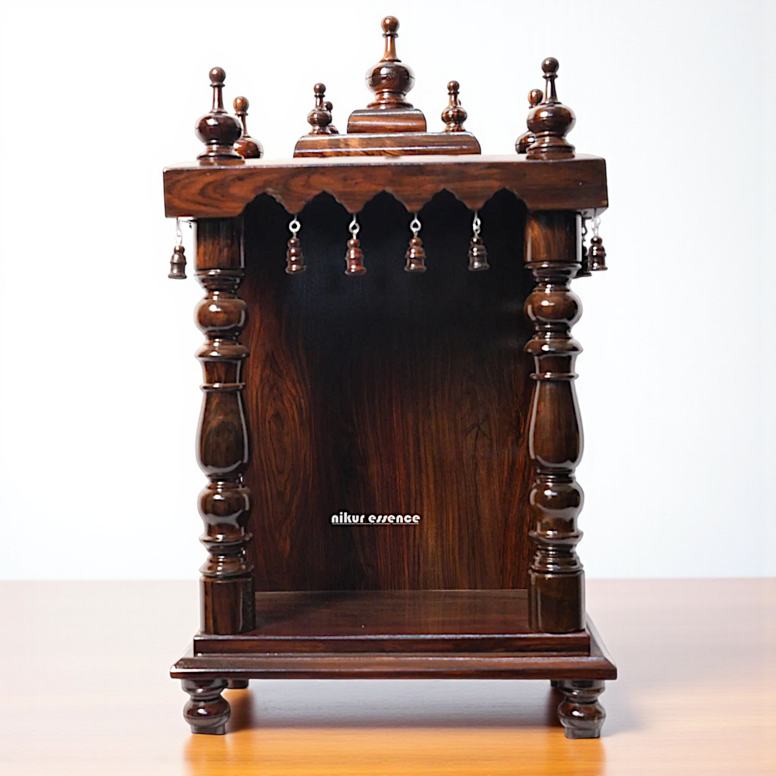 Wooden Puja Temple with Ornate Top – by Nikur Essence Nikuressence