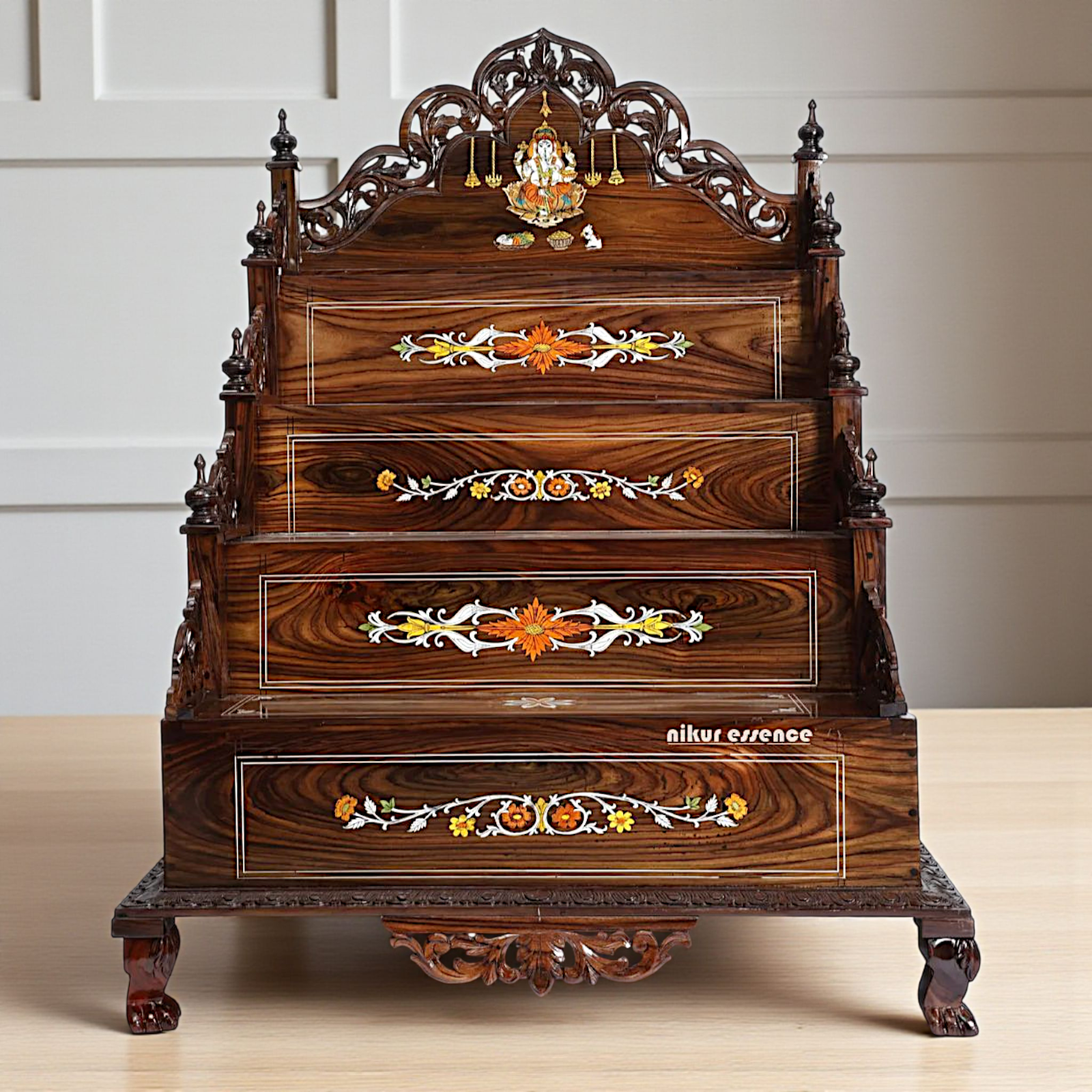 Elegant Multi-Tiered Wooden Pooja Mandir with Ganesha Inlay – Handcrafted Temple by Nikur Essence Nikuressence