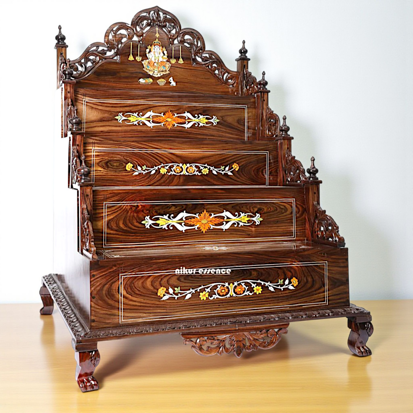 Elegant Multi-Tiered Wooden Pooja Mandir with Ganesha Inlay – Handcrafted Temple by Nikur Essence Nikuressence
