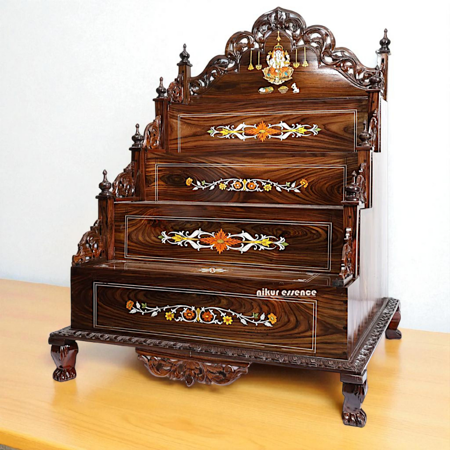 Elegant Multi-Tiered Wooden Pooja Mandir with Ganesha Inlay – Handcrafted Temple by Nikur Essence Nikuressence
