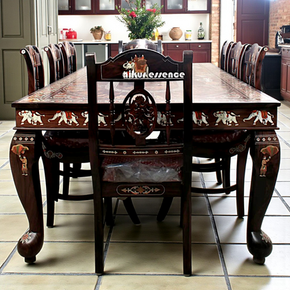 Nikur Essence Handcrafted 8-Seater Royal Dining Table Set with King Procession Inlay – Rectangular Solid Wood Table with Artistic Heritage Detailing Nikuressence