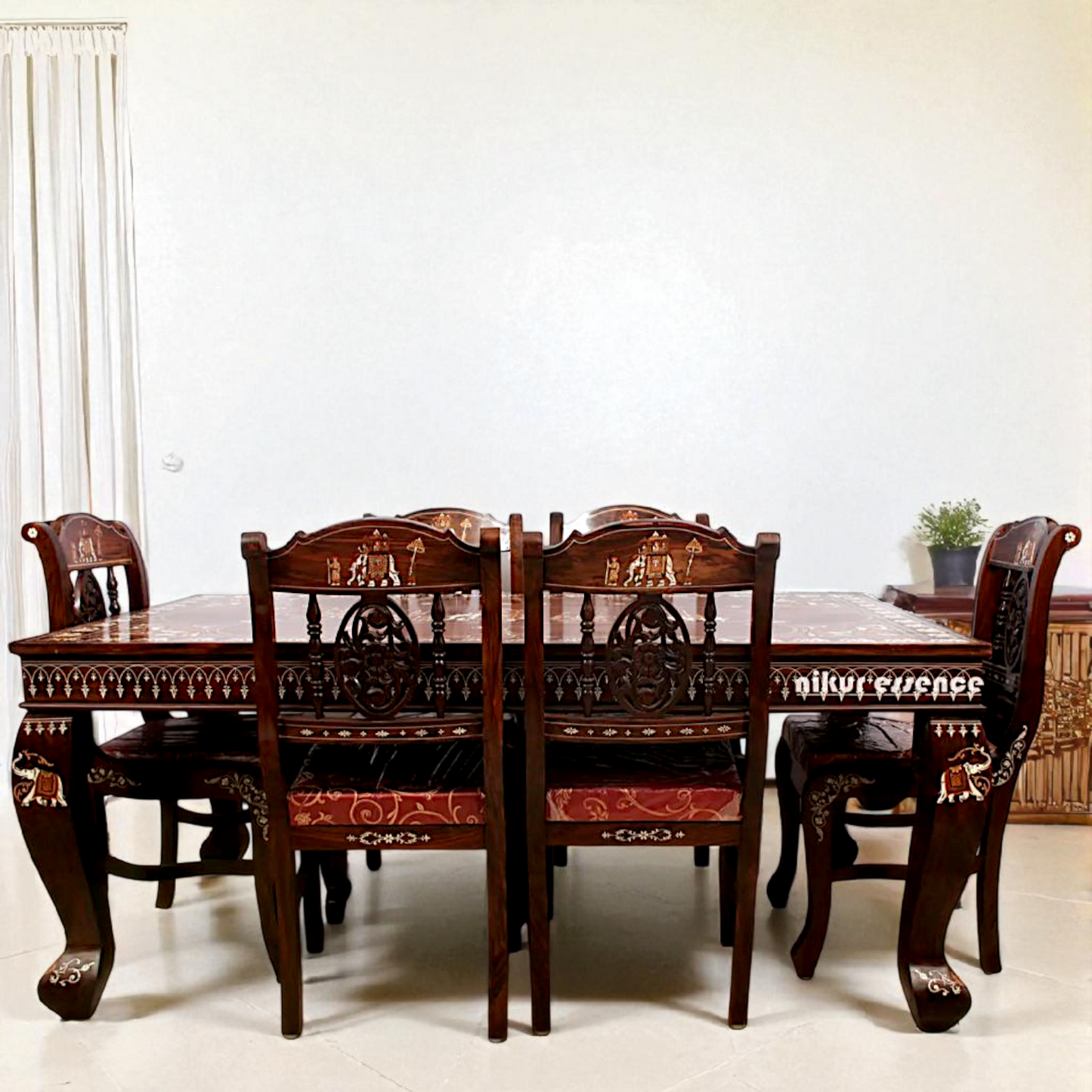 Nikur Essence Six-Seater Rosewood Shahi Dining Set – Handcrafted Rectangular Table with Intricate Inlay Work for Royal Home Dining Nikuressence