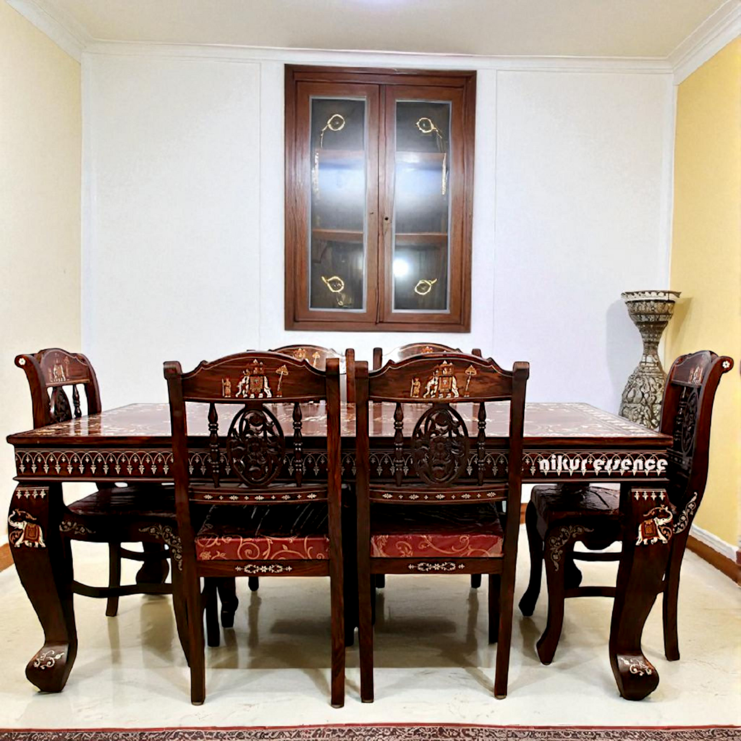 Nikur Essence Six-Seater Rosewood Shahi Dining Set – Handcrafted Rectangular Table with Intricate Inlay Work for Royal Home Dining Nikuressence