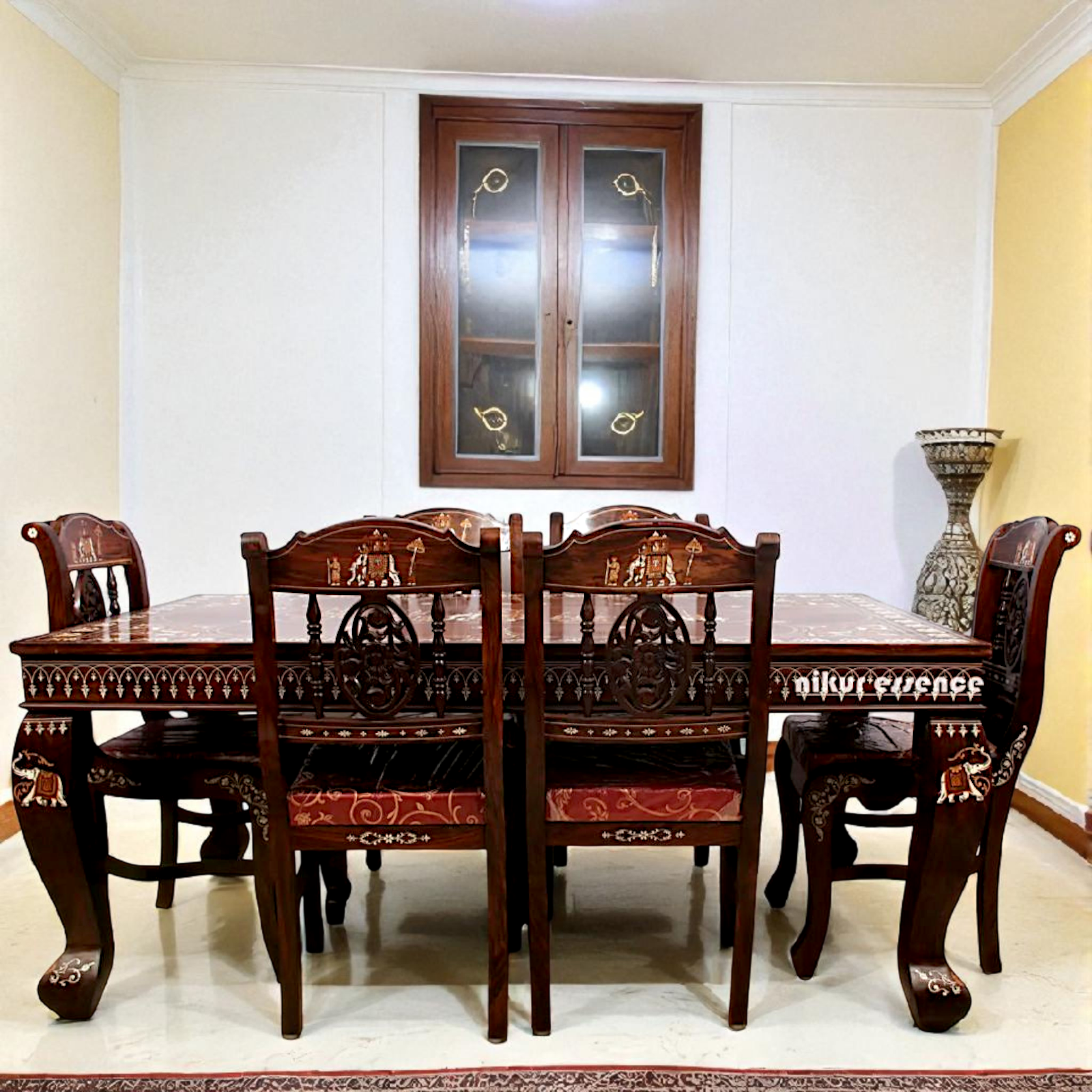 Nikur Essence Six-Seater Rosewood Shahi Dining Set – Handcrafted Rectangular Table with Intricate Inlay Work for Royal Home Dining Nikuressence