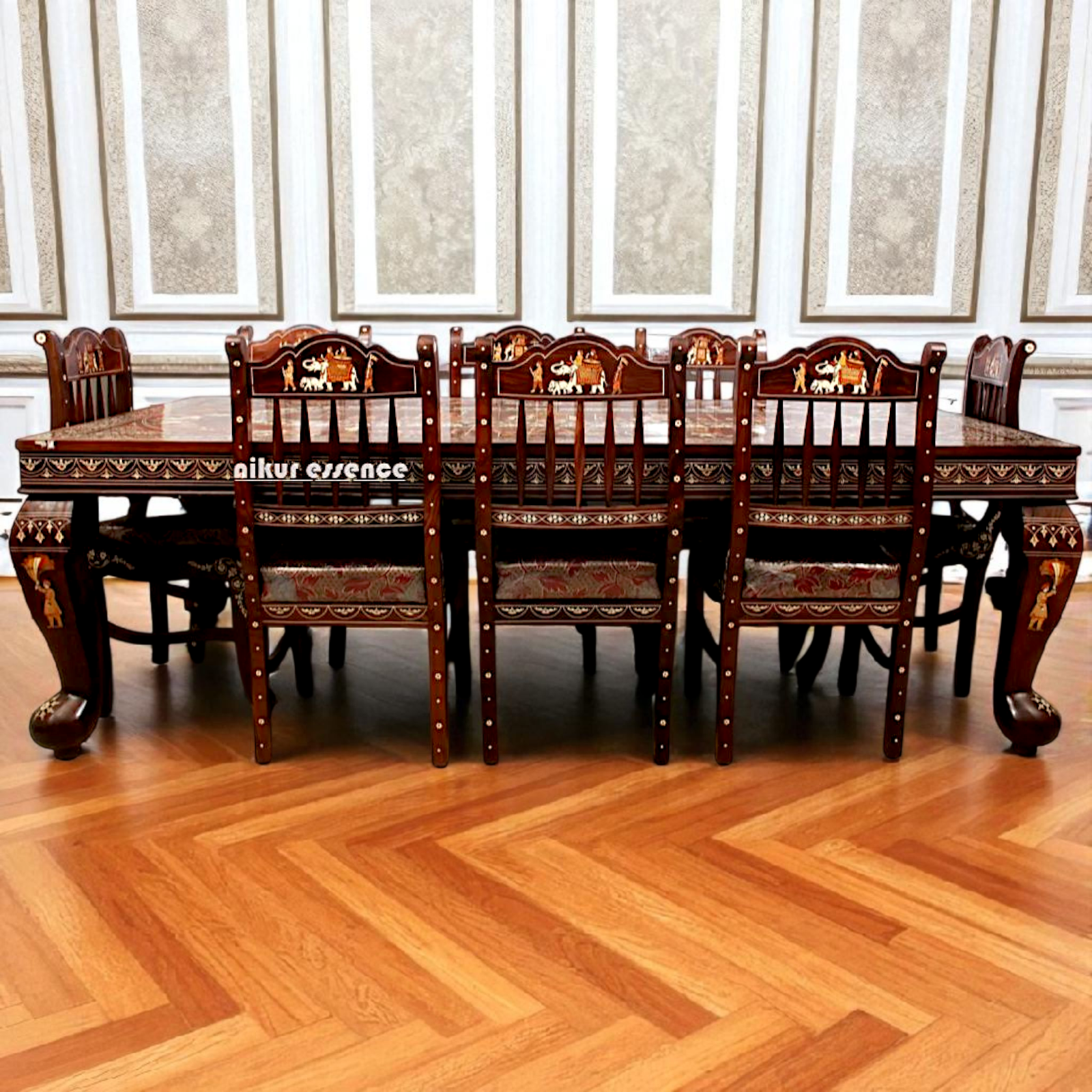 Nikur Essence 8-Seater Rosewood Royal Dining Set – Handcrafted Mysore Inlay Table with Matching Chairs for Luxurious Living Spaces Nikuressence