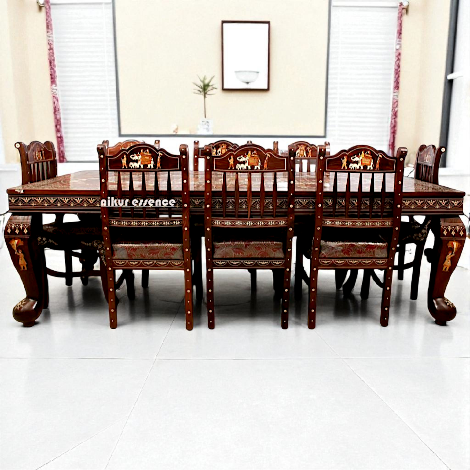 Nikur Essence 8-Seater Rosewood Royal Dining Set – Handcrafted Mysore Inlay Table with Matching Chairs for Luxurious Living Spaces Nikuressence