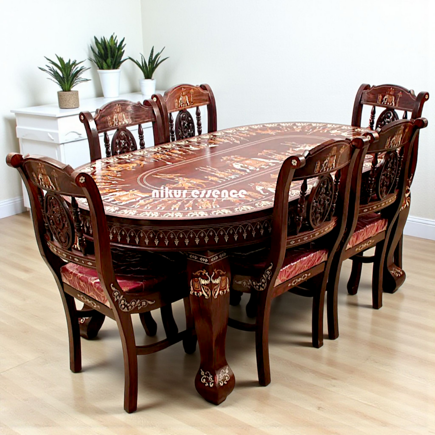 Nikur Essence Six-Seater Solid Rosewood Dining Table Set – Handcrafted Inlay Work Featuring Royal Procession Motifs Nikuressence