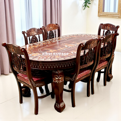 Nikur Essence Six-Seater Solid Rosewood Dining Table Set – Handcrafted Inlay Work Featuring Royal Procession Motifs Nikuressence