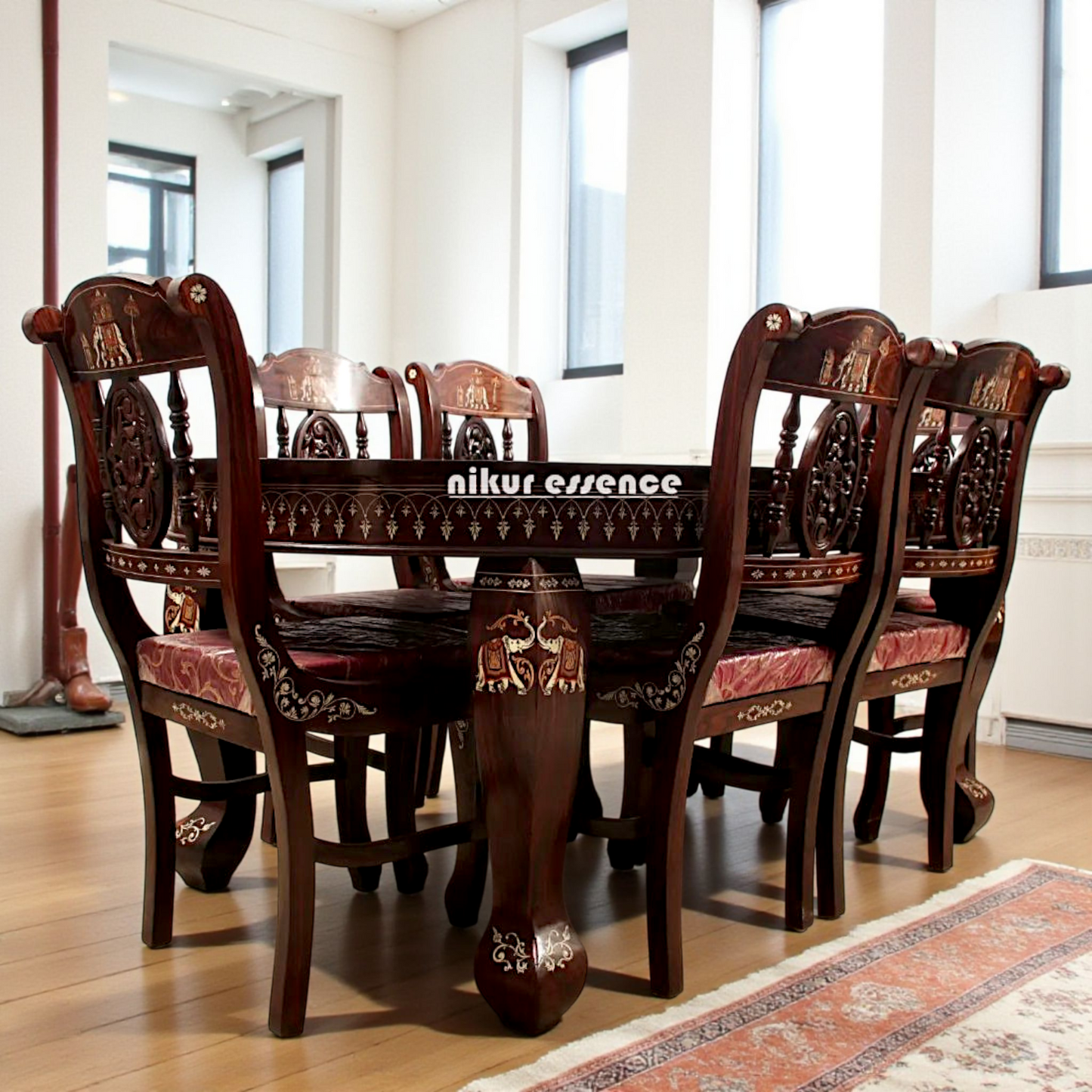 Nikur Essence Six-Seater Solid Rosewood Dining Table Set – Handcrafted Inlay Work Featuring Royal Procession Motifs Nikuressence